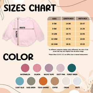 May include: A pink baby onesie with size and color charts. The size chart shows measurements in inches for various sizes, from 0-3 months to 18-24 months. Color options include Watermelon, Salmon, Mauve Taupe, Dusty Pink, and Forest Green.