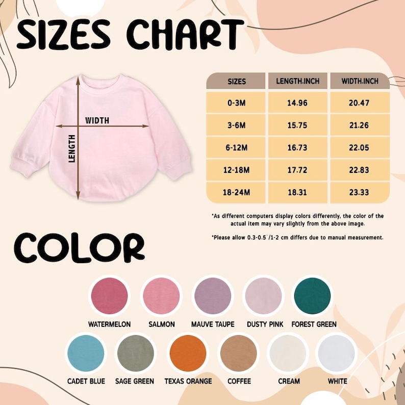 May include: A pink baby onesie with size and color charts. The size chart shows measurements in inches for various sizes, from 0-3 months to 18-24 months. Color options include Watermelon, Salmon, Mauve Taupe, Dusty Pink, and Forest Green.