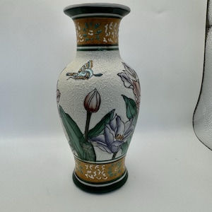 Vintage Floral Embossed textured hand painted porcelain vase 8 1/4 in