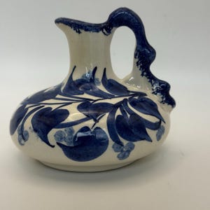 Blue and White handpainted Floral Pitcher Decanter Vase Decor Vintage