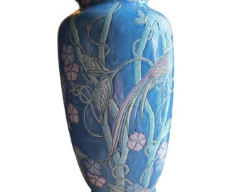 Vintage Chinese Porcelain Decor floor vase hand painted floral Cloisonne style