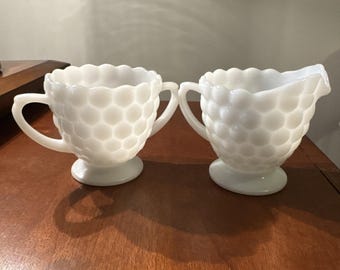 Vintage Anchor Hocking Bubble Pattern Milk Glass Creamer & Sugar Bowl Set