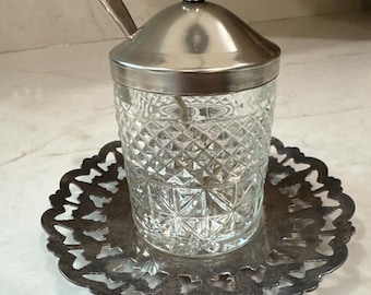 French Glass Jam Pot Preserve Jar Honey Pot With Lid Sheffield England Spoon