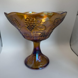 Iridescent Carnival Glass Fruit Bowl Compote Pedestal Amber / Orange Vintage