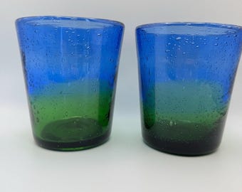 Set of 4 Zwiesel Glas Blue/Green handblown Bubble Glass Tumbler Cocktail Vintage MCM