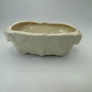 Pode incluir: Jardineira de cerâmica creme com exterior texturizado em forma de folha. A jardineira retangular tem um interior liso e esbranquiçado, adequada para plantas pequenas ou suculentas. O design confere à jardineira uma estética natural e orgânica.