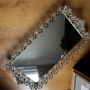 Vintage Ornate Mirrored Vanity Tray Gold Filigree Hollywood Regency Rhinestones