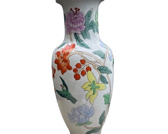VTG 16in Chinese Porcelain Vase Hand Painted Floral & Bird Motif Mid-Century