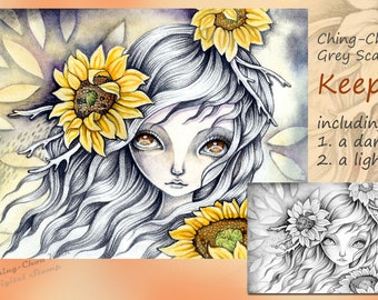 Keep In Faith-Grey scale PRINTABLE Instant Download Digital Stamp/ HOPE Sunflower Flower Girl Fairy Art by Ching-Chou Kuik