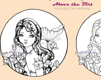 Above the Dirt -Coloring Page PRINTABLE Instant Download Digital Stamp/Lotus Flower Oriental Girl Art by Ching-Chou Kuik