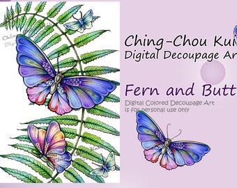 Pre-Colored-Fern & Butterfly -Instant Download Digital Printable Decoupage Art /Plant Insect by Ching-Chou Kuik