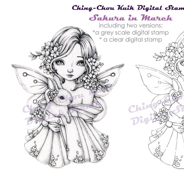 Sakura in March - Coloring Page PRINTABLE Instant Download/Bunny Kimono Fairy Fantasy Art by Ching-Chou Kuik