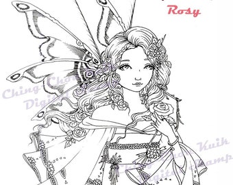 Rosy- Digital Digi Stamp Instant Download /Oriental Kimono Lady Girl Butterfly Rose Flower Fantasy Art by Ching-Chou Kuik