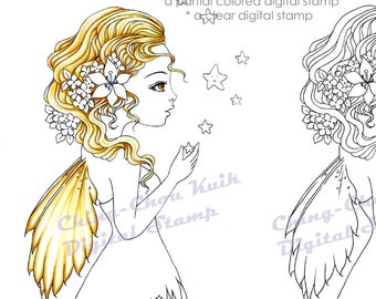 Starry Wish- PRINTABLE Coloring Page Instant Download Digital Stamp/ Lily Flower Star Fairy Fantasy Art by Ching-Chou Kuik