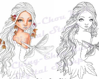 Drifting Soul- PRINTABLE Instant Download Digital Stamp / Autumn Dragonfly Lady Girl Coloring Art by Ching-Chou Kuik