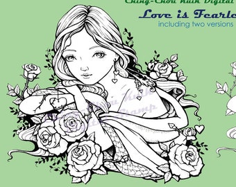 Love is Fearless- Coloring Page PRINTABLE Instant Download Digital Stamp/Valentine Rose Kimono Lady Art by Ching-Chou Kuik