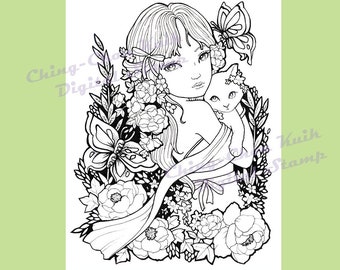 Peony In May- Coloring Page PRINTABLE Instant Download Digital Stamp/ Kimono Butterfly Cat Girl Flower Art by Ching-Chou Kuik