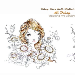 Hi Daisy- Digital Digi Stamp Instant Download/ Summer Flower Flora Butterfly Fairy Girl Fantasy Art by Ching-Chou Kuik