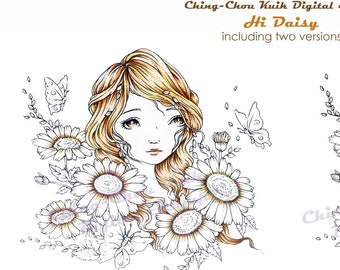 Hi Daisy- Digital Digi Stamp Instant Download/ Summer Flower Flora Butterfly Fairy Girl Fantasy Art by Ching-Chou Kuik