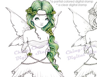 Green Clover- Instant Download Digital Stamp Coloring Page/ Spring Plant Lucky Clover Fairy Girl Fantasy Art by Ching-Chou Kuik