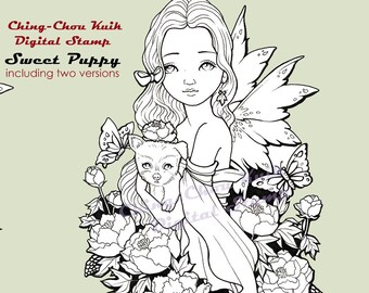 Sweet Puppy- Coloring Page PRINTABLE Instant Download Digital Stamp/Dog Kimono Peony Fairy Girl Flower Art by Ching-Chou Kuik