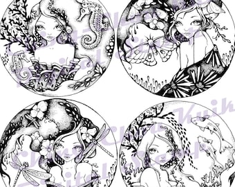 Circle Oriental Kimono Lady Digital Stamp Set of 4 Images - Instant Download / Seashose Moth Dragonfly Koi Girl Art by Ching-Chou Kuik