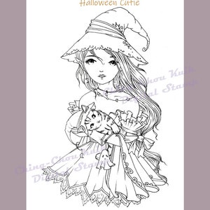 Halloween Cutie- Digital Digi Stamp Instant Download / Animal Cat Kitten Witch Fairy Manga Girl Fantasy Art by Ching-Chou Kuik