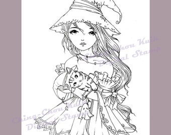 Halloween Cutie- Digital Digi Stamp Instant Download / Animal Cat Kitten Witch Fairy Manga Girl Fantasy Art by Ching-Chou Kuik