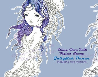 Jellyfish Dance- Digital Stamps Instant Download / Ocean Sea Jellyfish Fantasy Mermaid Fairy Girl Art by Ching-Chou Kuik