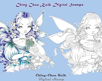 It's Hummingbird - PRINTABLE Instant Download Digital Stamp / Rose Flora Animal Bird Fairy Faery Girl Art by Ching-Chou Kuik