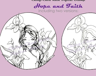 Hope and Faith -Coloring Page PRINTABLE Instant Download Digital Stamp/ Iris Flower Oriental Girl Art by Ching-Chou Kuik