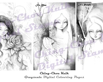 Grayscale Digital Stamp Coloring Set 1 - PRINTABLE Instant Download / Fairy Lady Girl Fantasy Line Art by Ching-Chou Kuik