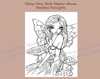 Restless Thoughts- Digital Stamp coloring page Instant Download / Mushroom Butterfly Fairy Girl Lady Fantasy Art by Ching-Chou Kuik