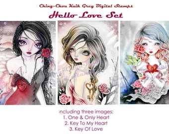 Hello Love Set - Greyscale PRINTABLE Instant Download Digital Stamp /  Valentine Heart Fairy Girl Art by Ching-Chou Kuik