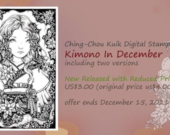 Kimono In December- Coloring Page PRINTABLE Instant Download Digital Stamp/Holly Berry Christmas  Fairy Art by Ching-Chou Kuik
