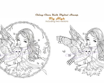 Fly High-Coloring Page PRINTABLE Instant Download Digital Stamp/ Owl Bird Animal Vine Wreath Girh Art by Ching-Chou Kuik