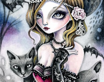 Dark Moon - Digital Stamp Instant Download / Gothic Cat Kitten Rose Bat Victoria Fairy Fantasy Line Art by Ching-Chou Kuik