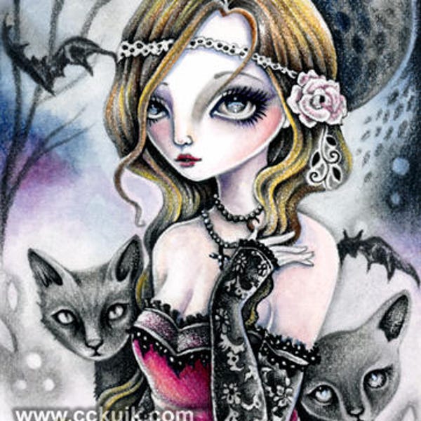 Dark Moon - Digital Stamp Instant Download / Gothic Cat Kitten Rose Bat Victoria Fairy Fantasy Line Art by Ching-Chou Kuik