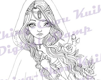 Autumn Rose - Digital Stamp Instant Download / Flower Hood Gothic Fairy Girl Fantasy Line Art by Ching-Chou Kuik
