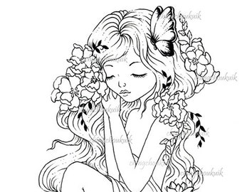 Spring Dreaming - Digital Stamp Instant Download / Fantasy Flower Flora Butterfly Lady Girl Art by Ching-Chou Kuik