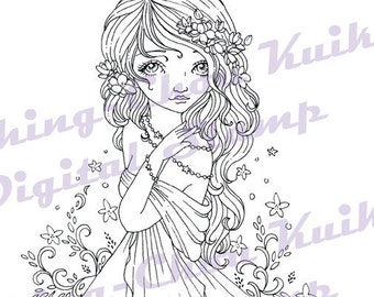 Spring Jasmine - Instant Download Digital Stamp / Flora Flower Fantasy Fairy Girl by Ching-Chou Kuik