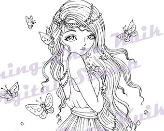 Butterflies - Instant Download Digital Stamp / Peony Flower Flora Butterfly Coloring Fairy Girl by Ching-Chou Kuik