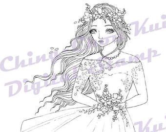 Intro Price- Autumn Blessing - Digital Stamp Instant Download / Fall Wind Flower Bride Fairy Girl Fantasy Line Art by Ching-Chou Kuik