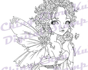 Duft des Frühlings - sofort-Download digitalen Stempel /Kimono Rose Daisy Blume Schmetterling Fantasy Fairy Girl von Ching-Chou Kuik