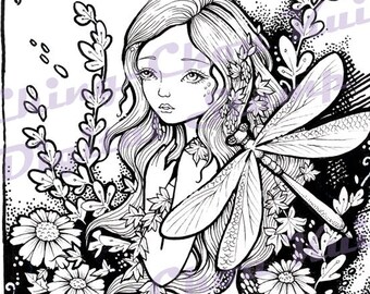 Autumn Dragonflies - PRINTABLE Digital Stamp Instant Download / Dragonfly Fairy Lady Girl Fantasy Line Art by Ching-Chou Kuik