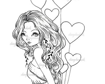 Bunch of LOVE - Digital Stamp Instant Download / LOVE heart Balloon Fairy Girl Valentine by Ching-Chou Kuik