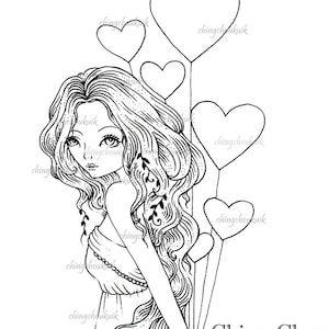 Bunch of LOVE Digital Stamp Instant Download / LOVE heart Balloon Fairy Girl Valentine by Ching-Chou Kuik image 1