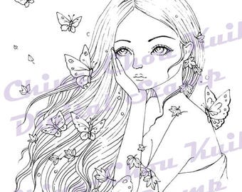 So Long - Digital Stamp Instant Download / Fall Leaves Butterfly Fairy Lady Girl Fantasy Line Art by Ching-Chou Kuik