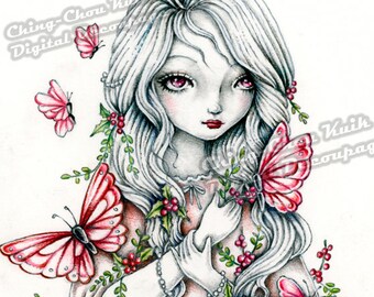 Pre-Colored- Butterflies and Berries - Instant Download Digital Colored Decoupage Art / Fantasy Art Fairy Girl by Ching-Chou Kuik