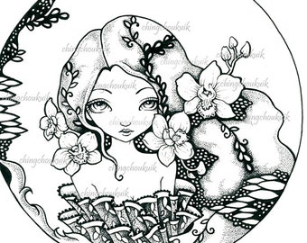 Orchid - Digital Stamp Instant Download / Oriental Japanese Orchid Flower Girl Lady Fantasy Art by Ching-Chou Kuik